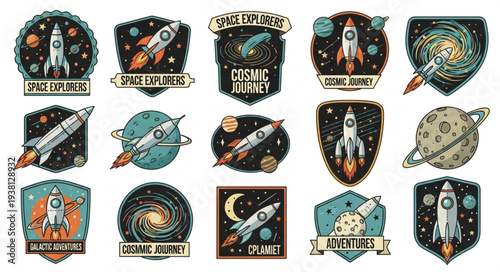 Collection of Retro Space Exploration Badges and Emblems.