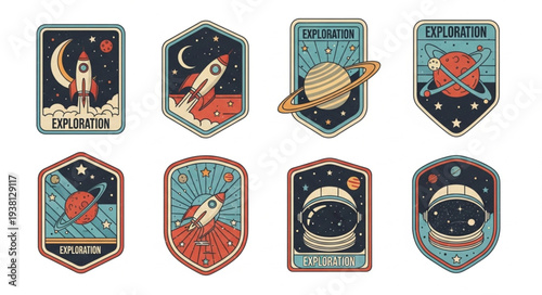 Collection of Retro Space Exploration Patches and Badges.