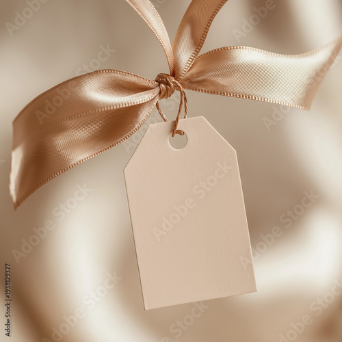 Blank gift tag with satin ribbon on elegant background