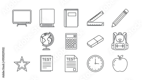 Set of Outline School Supplies and Education Icons