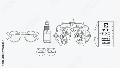 Illustration of various eye care and vision correction tools on a white background.