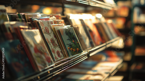 Greeting cards display in shop with warm ambient lighting