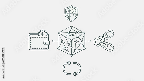 Blockchain technology concept with digital wallet, network, chain, and shield icons.