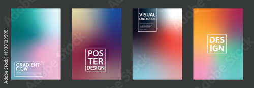A set of colorful poster templates with gradient backgrounds and modern design elements for visual branding and advertising
