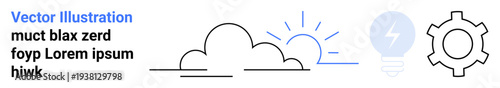 Clouds with sun rays, light bulb with a bolt, gear. Ideal for technology, innovation, creativity, sustainability, energy, productivity simple landing page