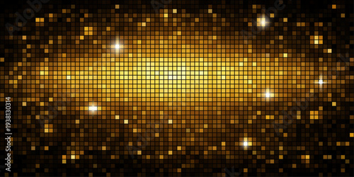 Sequin pink disco mosaic tile background with glitter sparkle light on golden gradient