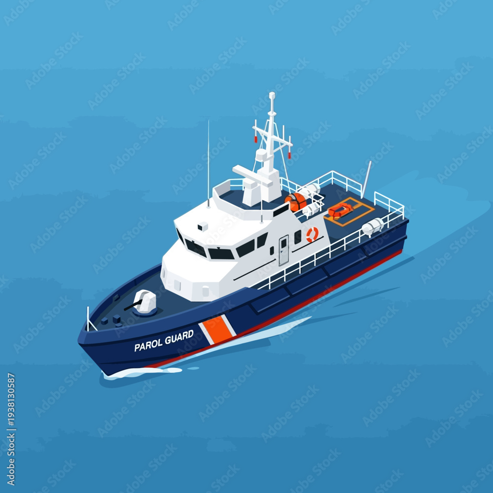 Naklejka premium Navy blue and white coast guard ship sailing on calm blue waters.