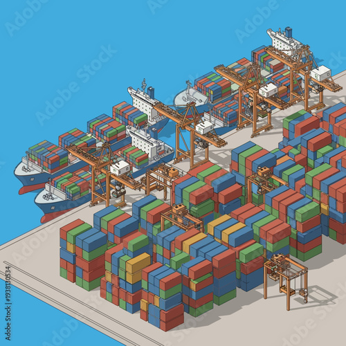 Isometric illustration of a bustling container shipping port with cargo ships and stacked containers.