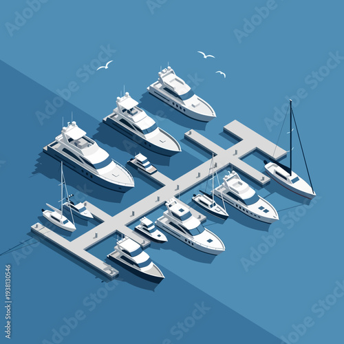 Isometric illustration of boats docked at a marina with calm waters and seagulls flying overhead.