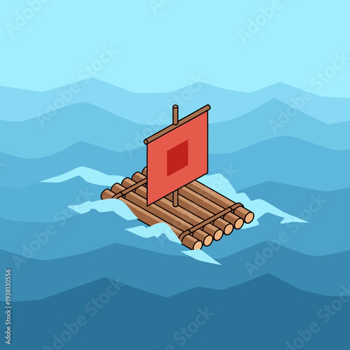 Simple wooden raft with red sail floating on ocean waves.