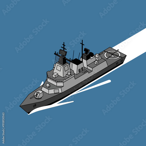 Gray naval warship sailing through blue waters with white wake.