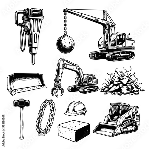 Vintage Industrial Heavy Duty Construction Machinery Sketches