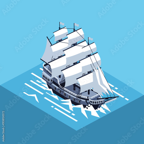 Isometric illustration of a sailing ship on blue background.