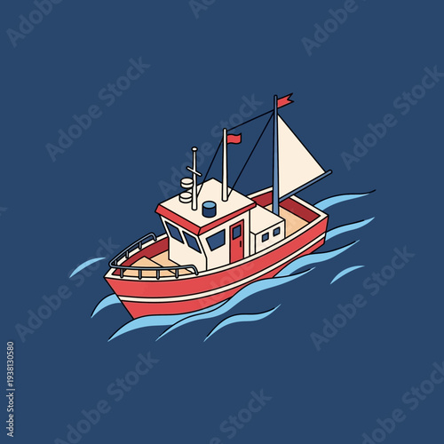 Red fishing boat sailing on blue ocean waters with sails and flags.