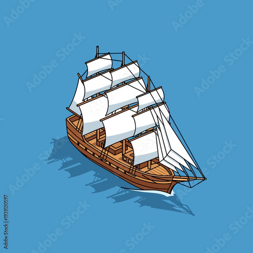 Vintage sailing ship with white sails on blue background.