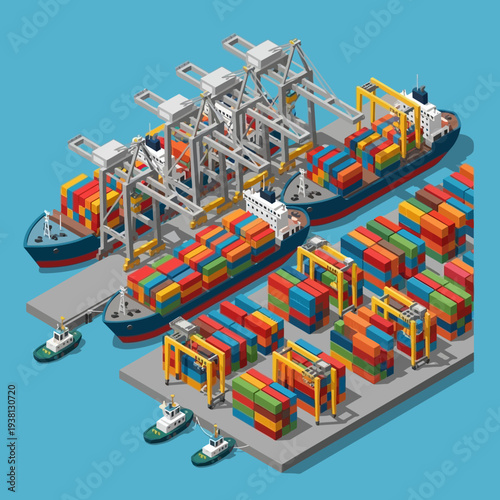 Isometric illustration of a busy container shipping port with cargo ships and cranes.