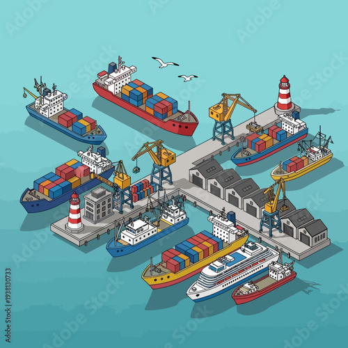 Isometric illustration of a busy commercial seaport with cargo ships and cranes.