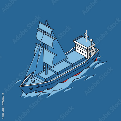 Isometric illustration of a cargo ship sailing on blue waters.