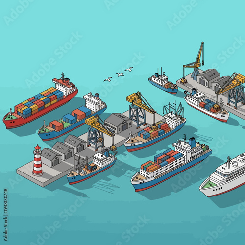 Isometric illustration of cargo ships and boats in a busy harbor.