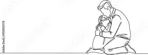 continuous line drawing of dad comforting sad young daughter, line art vector illustration
