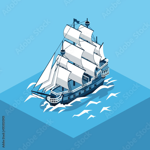 Isometric illustration of a tall ship sailing on the ocean with billowing white sails and a blue hull.