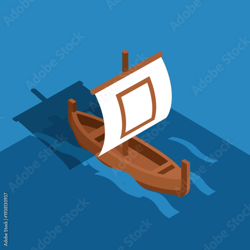 Isometric illustration of a wooden boat with a white sail floating on blue water.