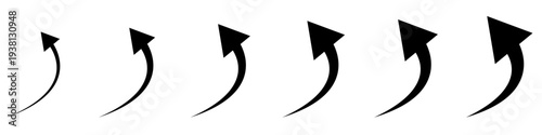 A set of six black curved arrows pointing left. Minimalist vector illustration for indicating a return or reverse direction.