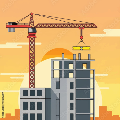 Crane Lifting Building Materials Construction Site.