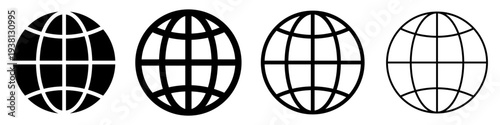 A set of globe icons in various graphic styles: from a solid black silhouette to outlines of different thicknesses. Vector illustration symbolizing the planet, global network, and international connec