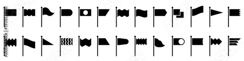 Large set of black flag icons in various shapes and designs on flagpoles. Vector illustration includes classic, triangular, wavy, and segmented flags for marking or infographics.