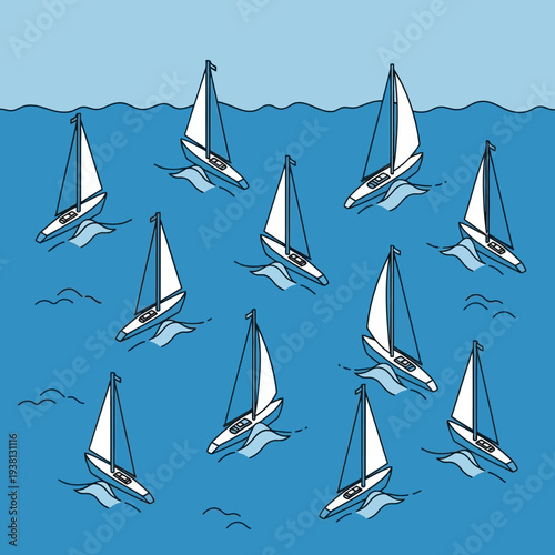 Sailboats racing on calm blue ocean waters under clear sky.