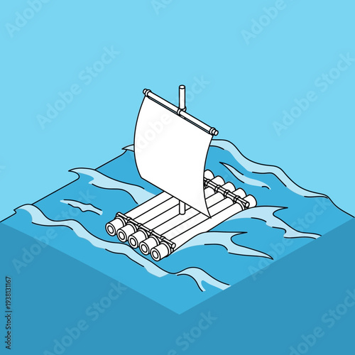 Isometric illustration of a simple wooden raft with a sail floating on calm waters.
