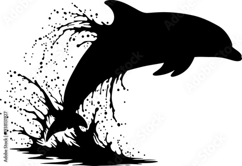 Dolphin leaping from water with dramatic splashes silhouette