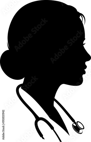 Female healthcare professional profile silhouette with stethoscope