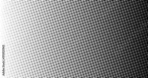 Halftone gradient texture smoothly transitioning from light to saturated black. Vector illustration with diagonal dot placement for creating a stylish retro background or newspaper print effect.