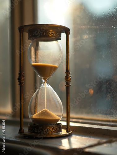 Vintage brass hourglass with flowing sand stands on windowsill in soft sunset light against rainy window