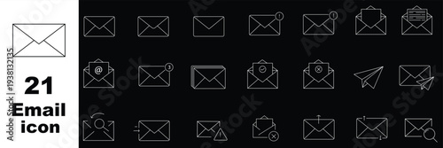 Comprehensive line icon set featuring email envelopes, digital inbox notifications, paper plane delivery, secure mailing, and phishing alert symbols.