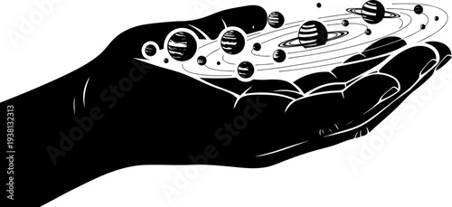 Open hand holding a miniature solar system silhouette