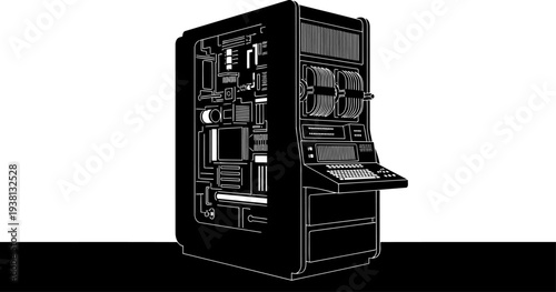 Vintage mainframe computer system with magnetic tape reels and control panel
