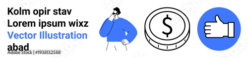 Financial planning, decision-making, digital marketing, earning money, approvals, investments. A person thinking, a coin icon and a thumbs-up symbol. Financial planning and decision-making concept