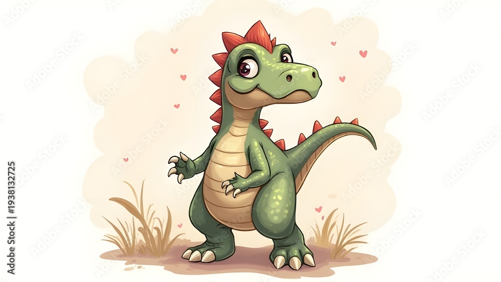 Obraz premium Cute cartoon baby dinosaur with playful eyes and spiky crest, standing among stylized foliage with faint hearts in background, perfect for children's decor or storybooks