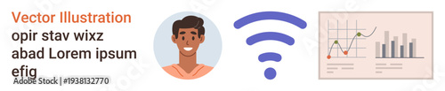Remote work, data analytics, communication, online services, connectivity, user interface. wireless symbol connecting user avatar to data graphs. Remote work and data analytics concept