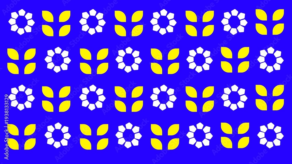 Fototapeta premium Modern yellow floral seamless pattern on deep blue background. Repeating geometric flower motif perfect for fabric design, wallpaper, wrapping paper, packaging, and decorative backgrounds.