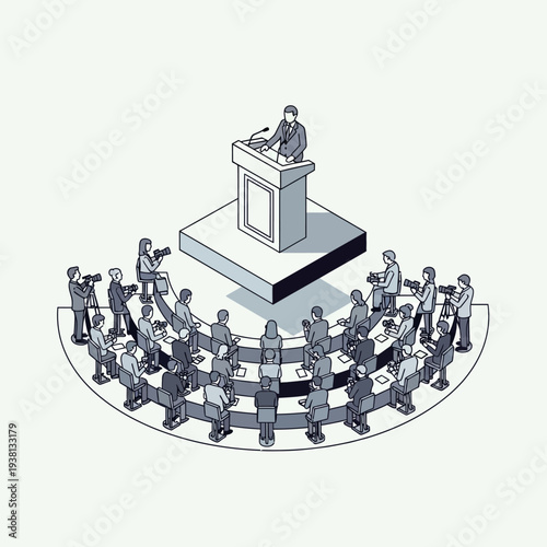 A speaker addresses a group of people in a meeting room with cameras filming.