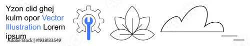 Technology, nature, renewable energy, minimalism, repair, and environment. A gear with a wrench, a lotus flower and a cloud in simple line art. Technology and nature fusion concept