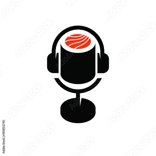 Sushi Podcast Logo with Microphone and Headphones Icon