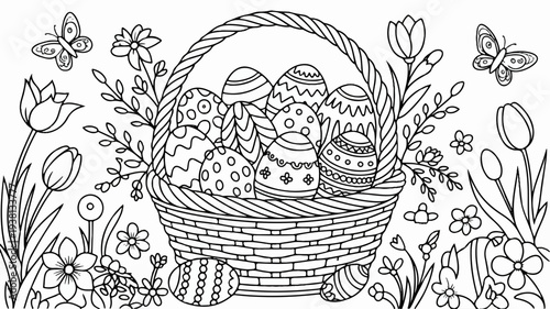 Easter basket with decorated eggs and flowers in garden springtime celebration