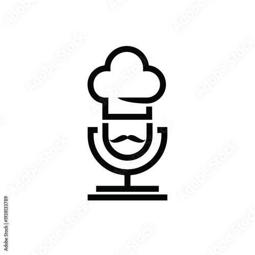 Culinary Podcast Logo Icon with Chef Hat, Microphone, and Mustache