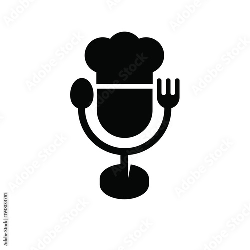 Food Podcast Logo Icon with Chef Hat Microphone, Spoon, and Fork