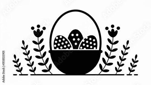 Easter eggs in a basket with flowers and leaves black and white illustration springtime decoration